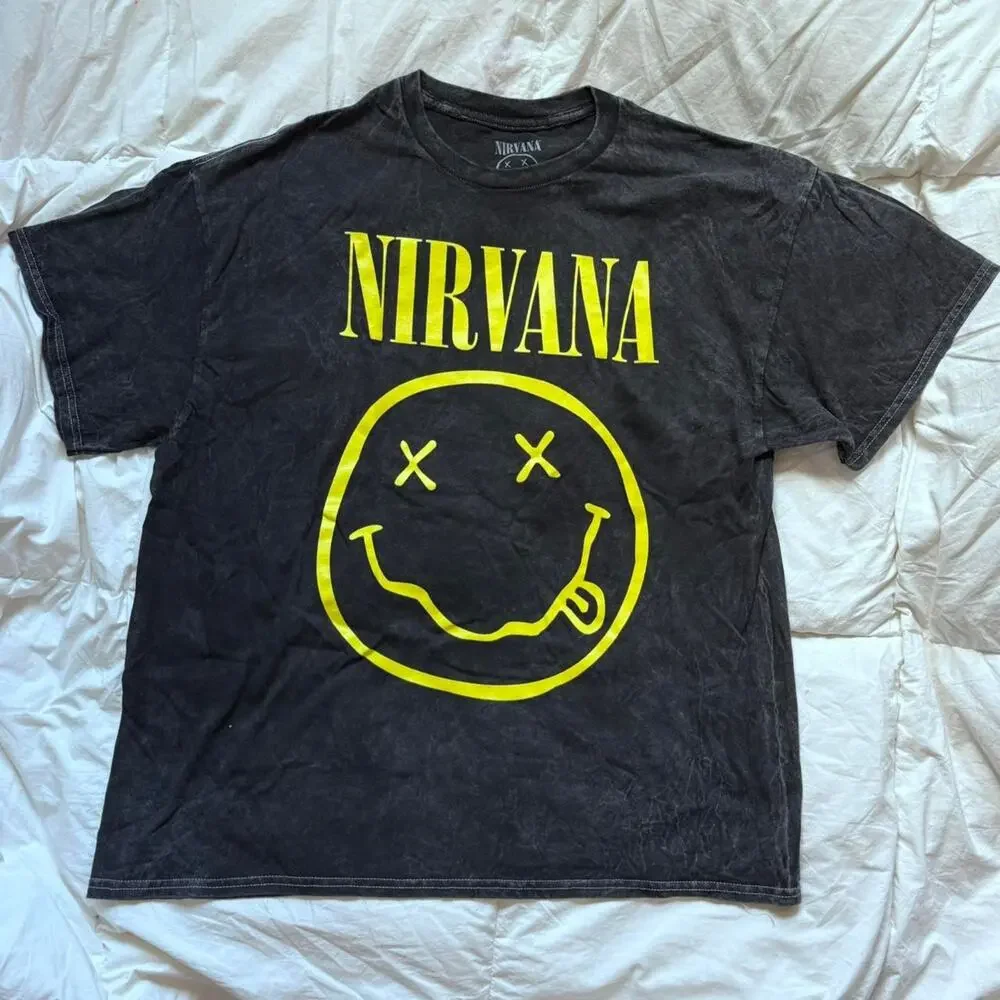 Nirvana smiley graphic band tee m‎ casual cotton alt grunge short sleeve emo